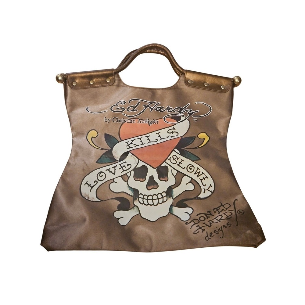 Ed Hardy Love Kills Slowly Bronze Satin Tote Bag Christian Audigier Vintage Y2K